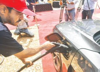 e-vehicle is being charged at a rapid charging station near the Karachi Press Club on Tuesday.—Fahim Siddiqi White Star