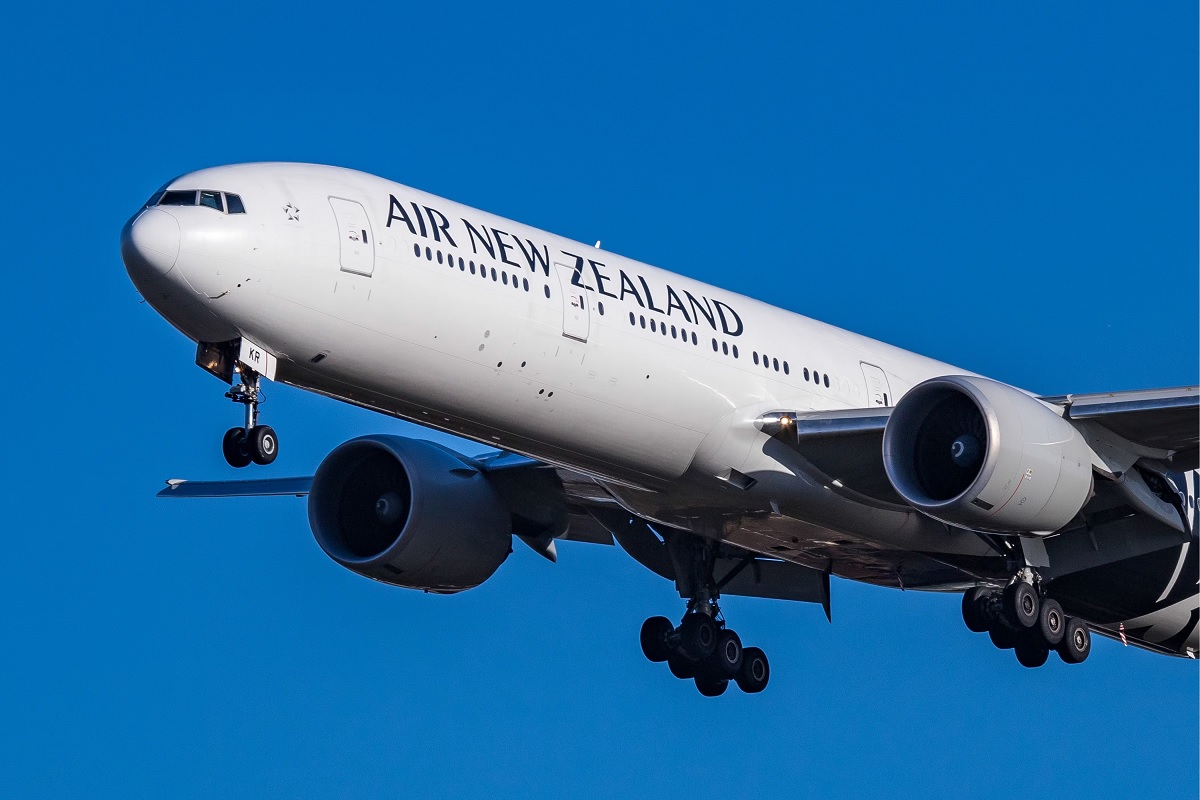 Damaged Air New Zealand Boeing 777 aircraft on tarmac prepared for unpressurised ferry flight.