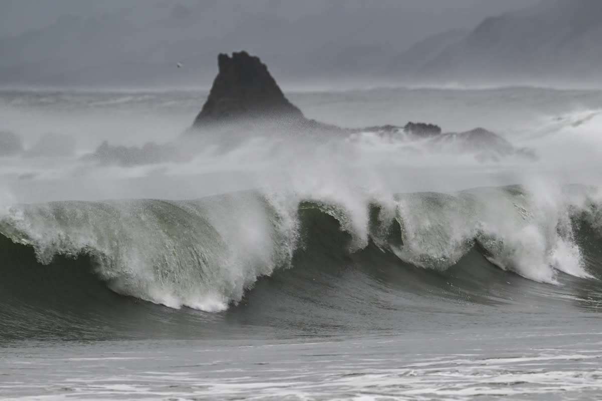 Illustration depicting potential tsunami impact on U.S. Pacific Northwest coastline